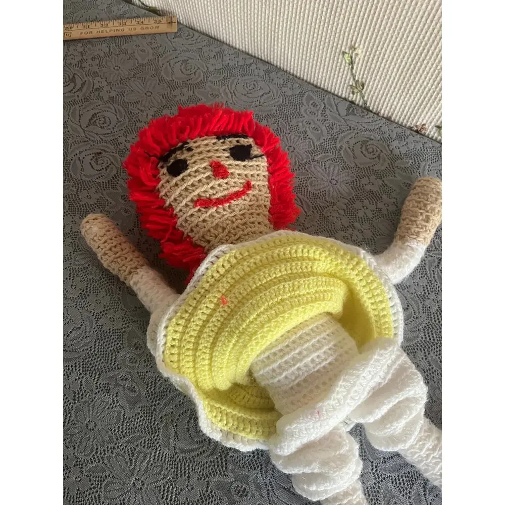 Handmade Crochet Raggedy Ann Style Doll Red Yarn Hair Yellow Dress About 22 In